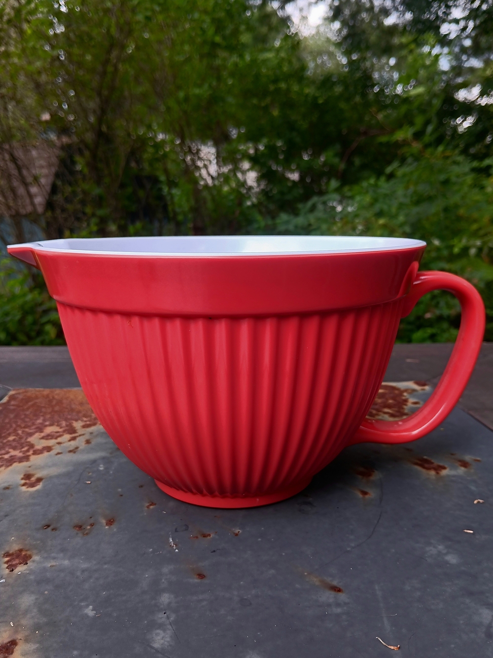 Coral Red & White Melamine Ribbed Mixing Batter Bowl Pitcher with Handle & Spout